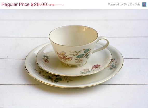 ON SALE Vintage 1950s Teacup and Saucer Trio Set Tropical Delicate Flowers