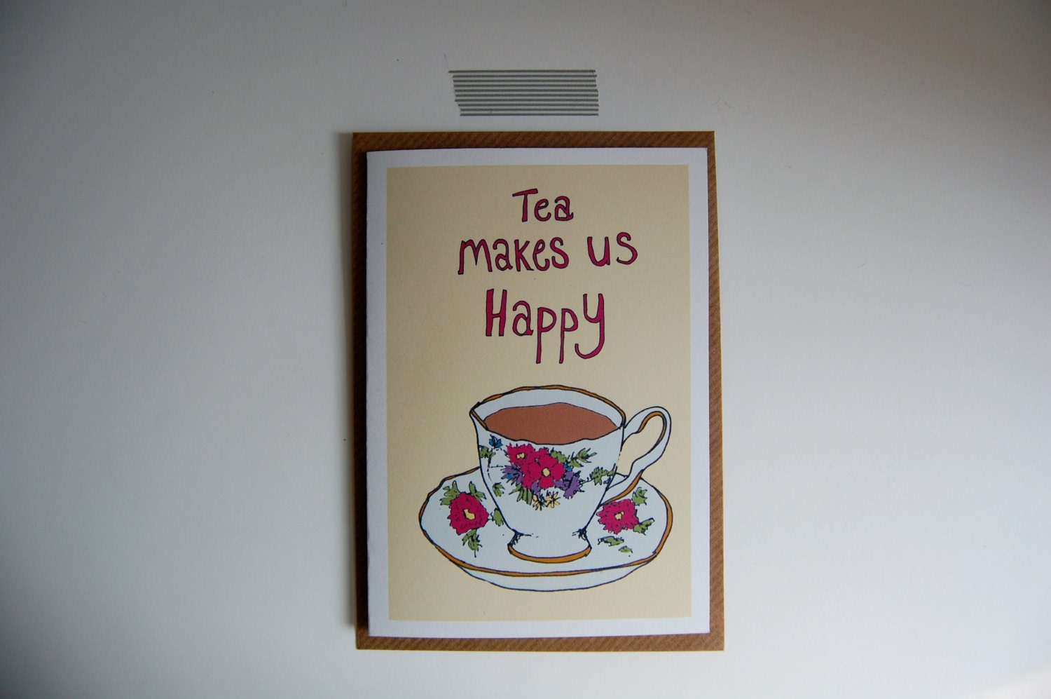 Floral vintage tea cup 'Tea makes us happy' card pastel yellow
