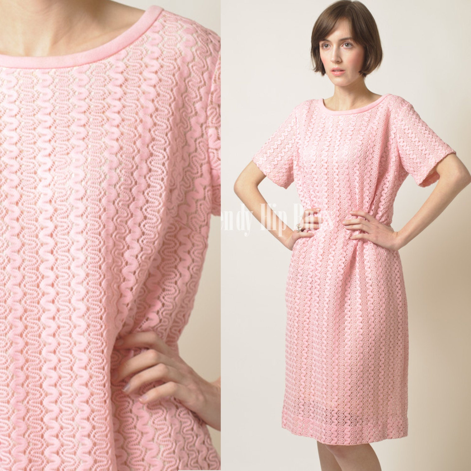 Vintage 60s MOD Pink Lace Mad Men Knit Shift Dress - M/L