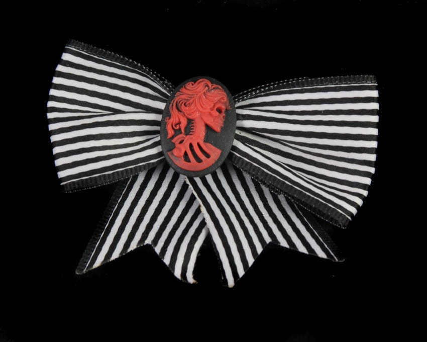 Cute Adorable Black And White Striped Red Skeleton Girl Cameo Hair Bow