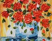 Roses Are Red - Floral Impasto Painting with Bouquet of Red Roses in Blue Vase