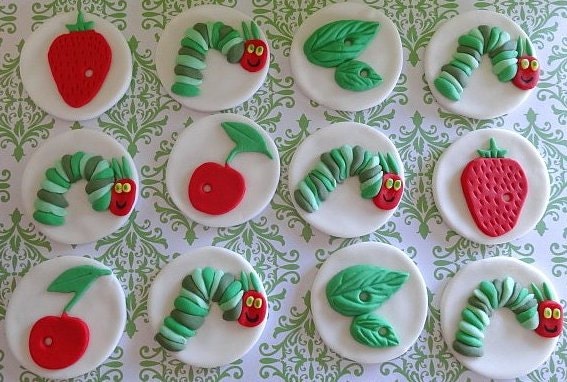 12 Fondant edible cupcake toppers - "Hungry Caterpillar" Inspired Theme