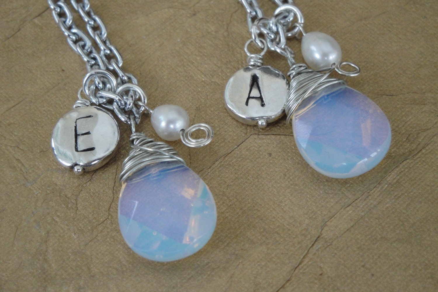 Wire Wrapped Opalite Quartz Briolette Necklace Silver Color, Personalized Bridesmaid Gift, Initials, Monogram - ON SALE - 50% OFF