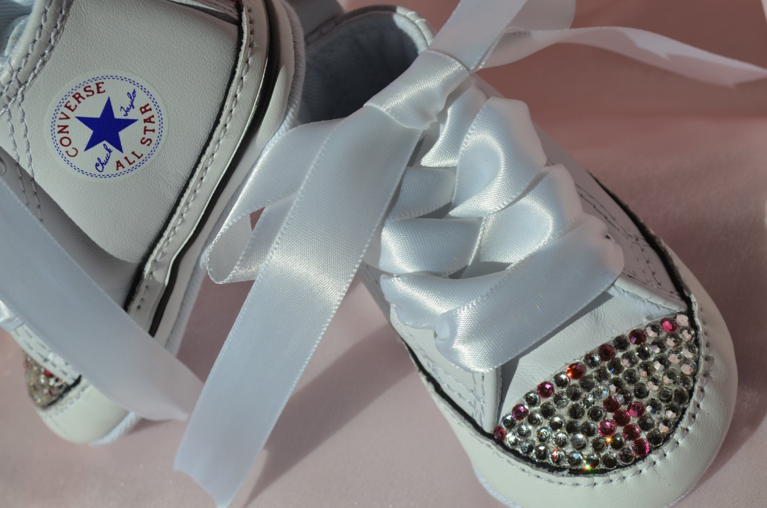 HEART & CROSS COMBO Baby Girl Converse White Leather Christening Wedding Baptismal Swarovski Infant Crib Shoe Size 1, 2 , 3 , 4