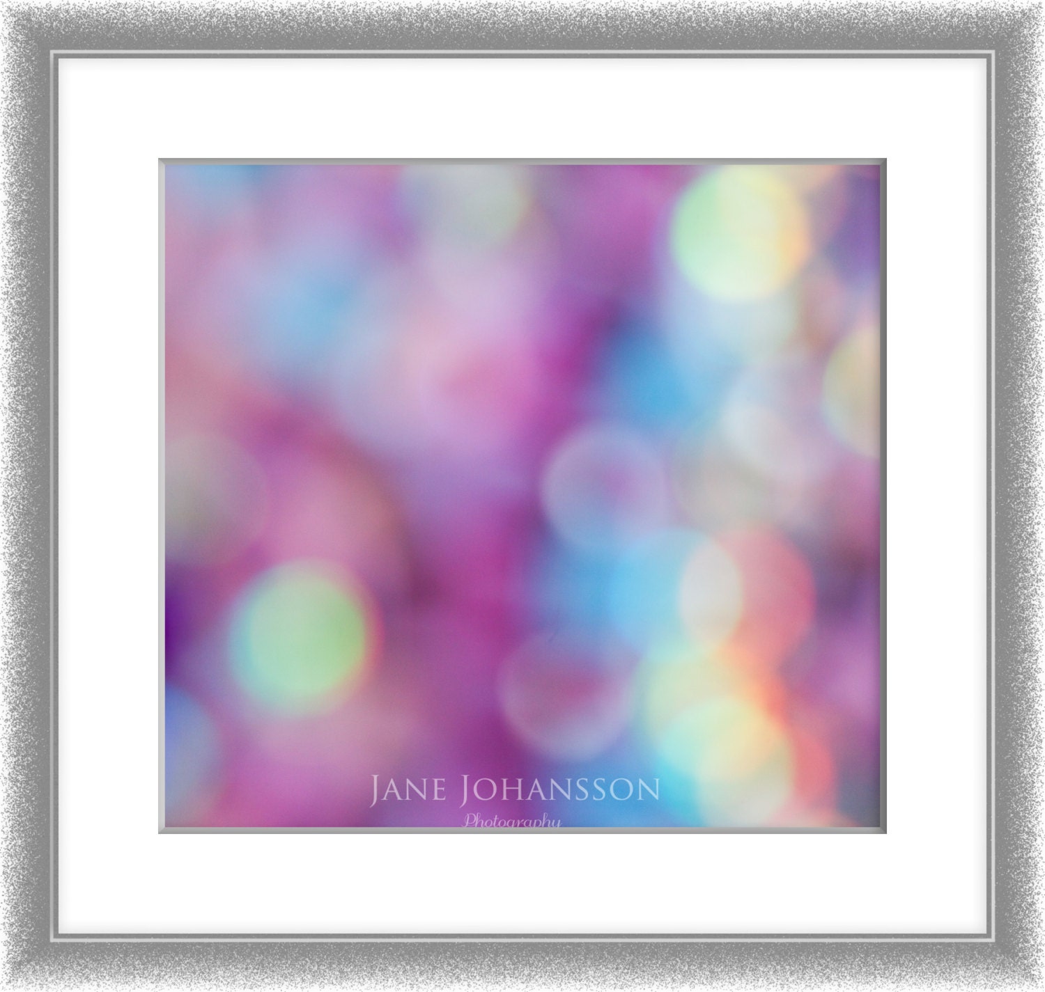 Sparkles - mauve, blue and yellow fine art bokeh photo, abstract photograph of colourful sparkly light - 8"x8" original photography print.