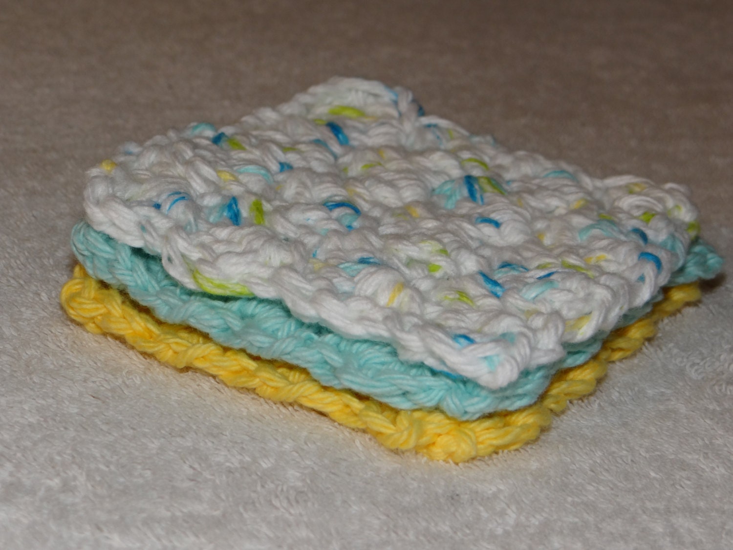 Crochet 4" Scrubbies - Coasters - Eco-friendly 100% Cotton - Set of 3 - Yellow, Blue, White with specks of yellow/blue/green, GO GREEN
