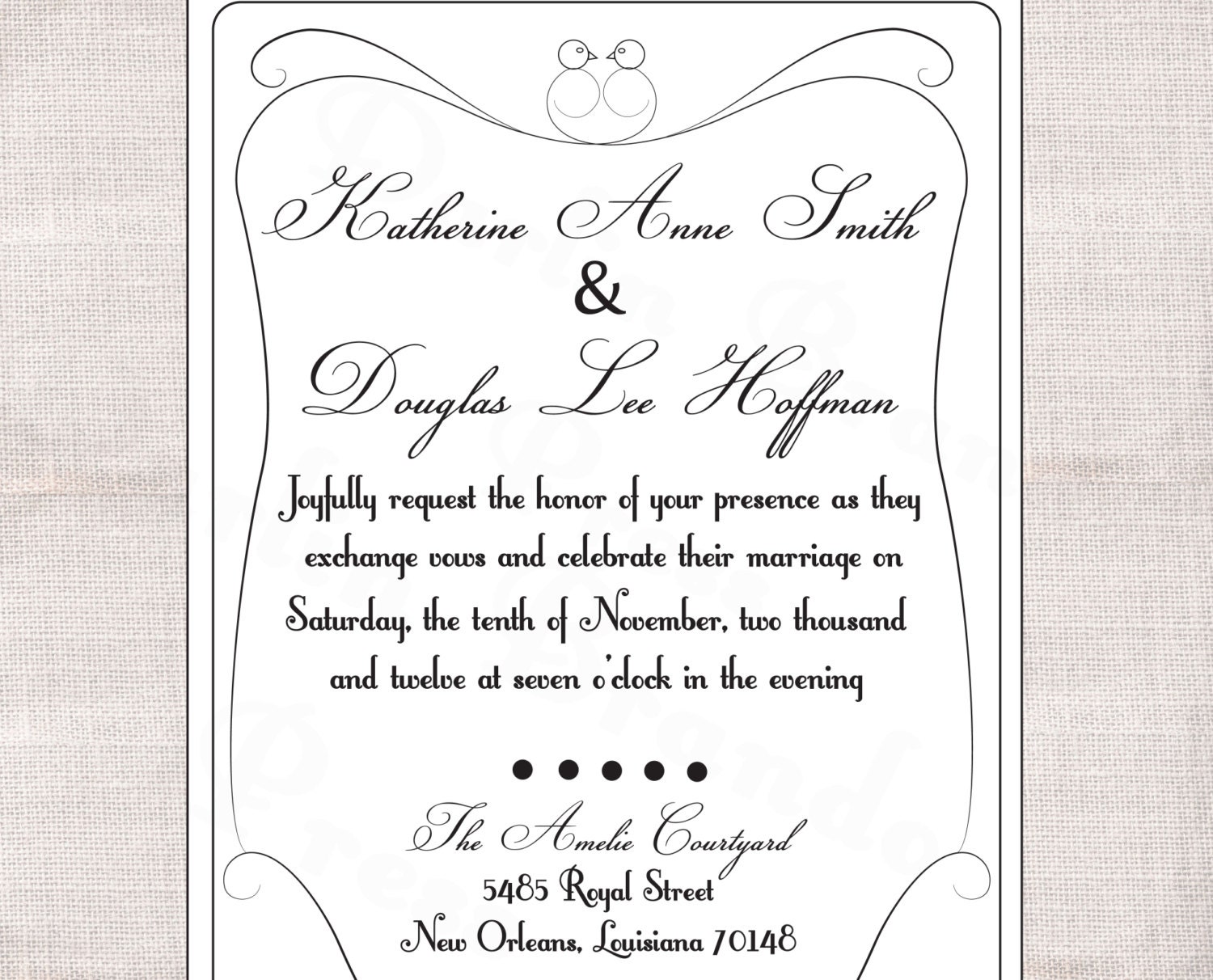 5x7 Sweet Birds Wedding Custom Printable Invitation
