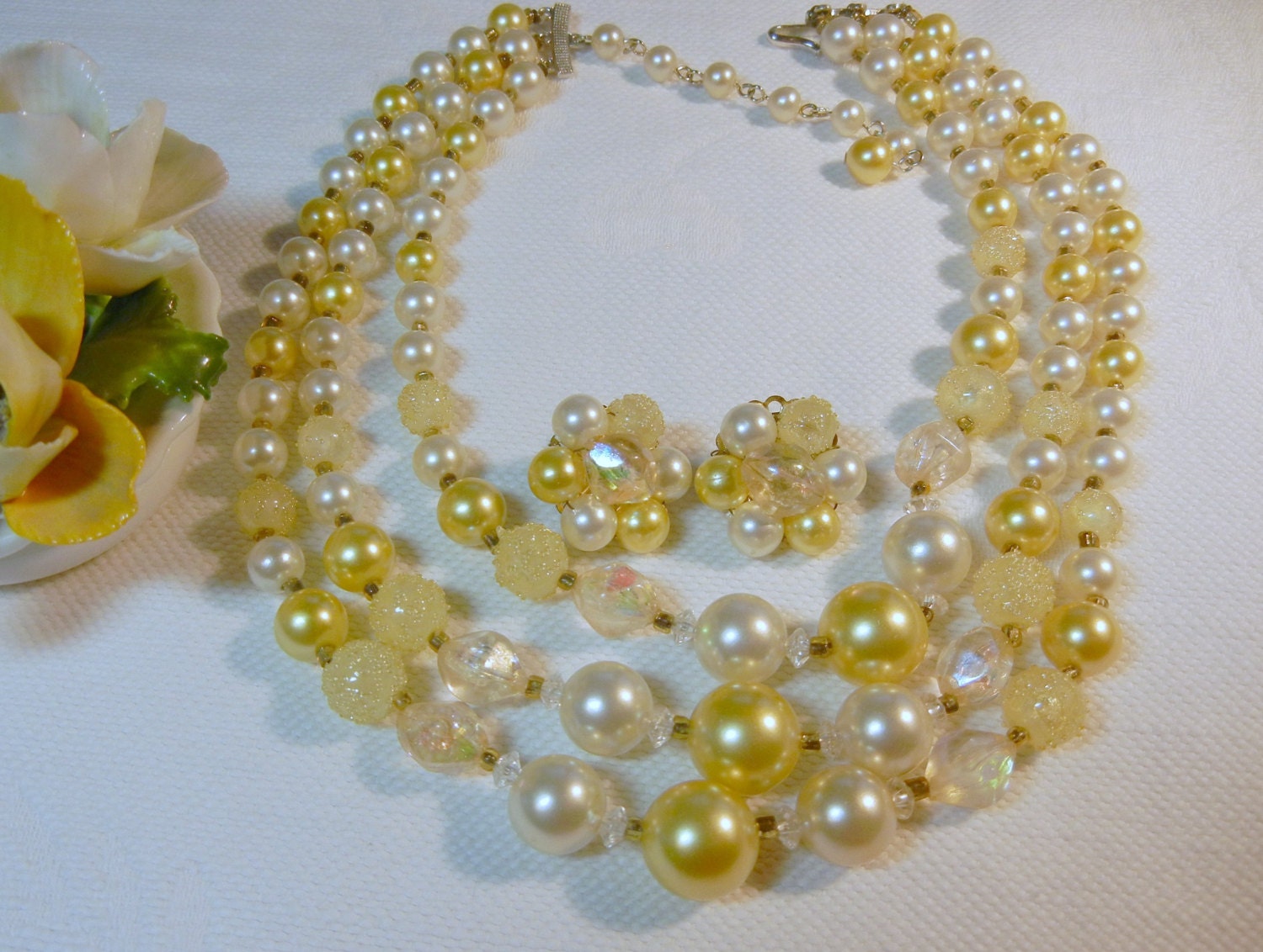 Pastel Yellow 3 Strand Necklace and Earrings Marked Japan, Sugar Coated and Faux Pearl Beads - TheSandlapperShop