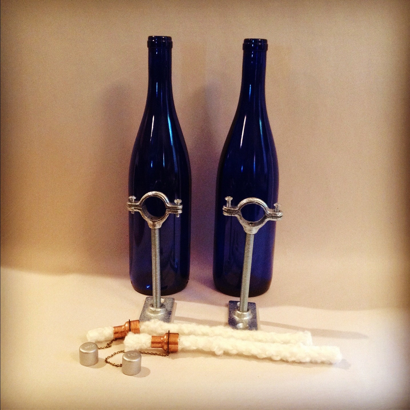 Set of 2 Cobalt Blue Wine Bottle Tiki Torch Lanterns Silver mount - Tiki Torch, Hurricane Lamp, Night Light, Hanging Lantern, Oil Lamp