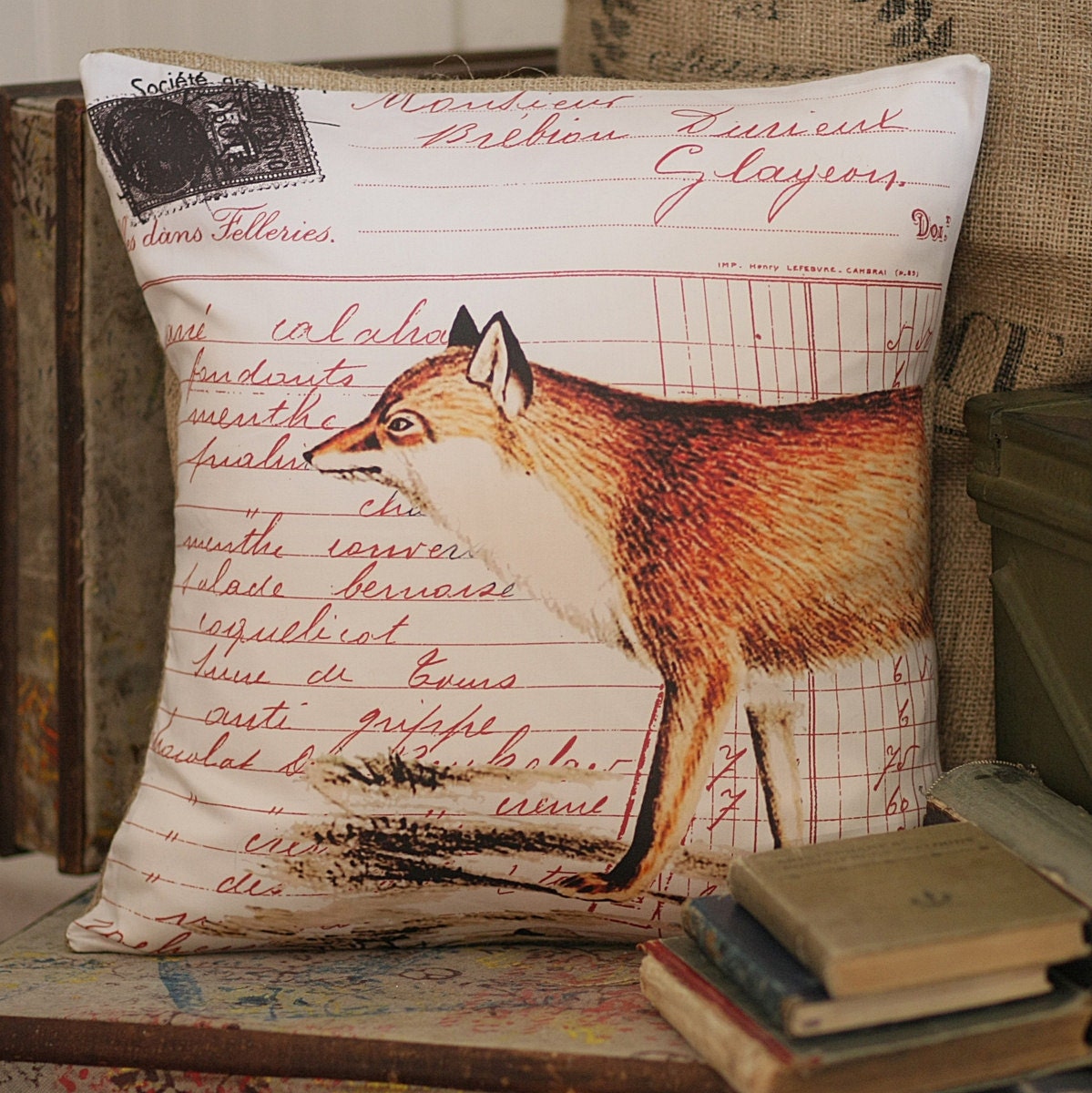 Vintage French Fox Postal Document Burlap Cotton Throw Pillow Cover - Ships for FREE to US and Canada