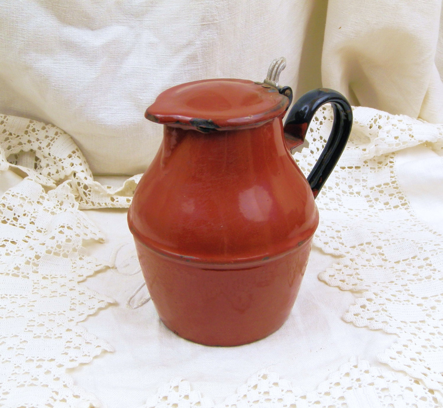 Small Vintage French Farmhouse Chocolate  Brown Enamel Milk Jug / French Country Decor / Primitive Enamelware