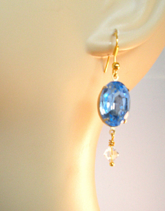 Topaz blue Czech glass, crystal rhinestone, dangle earrings, gold metal, french wires, bridal, wedding, special occasion, everyday wear