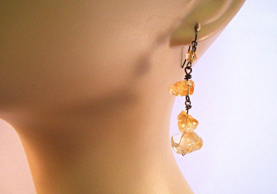 Earrings, polished citrine stones, swarovski crystals, oxidized black metal, dangle, wire hangers, coordinating pieces