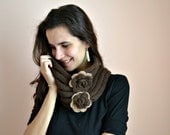 Coffee rose - dark brown knit shawl cowl scarf with