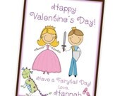 Valentines Day Card - Cute Little Fairytale Prince and Princess with Dragon Personalized Valentines Day Cards - a Digital Printable File