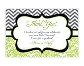 Chevron Thank You Card - Black, White and Lime Green Chevron and Damask Personalized Baby Shower Party Thank You - a Digital Printable File