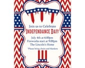 July 4th Invitation - Red Chevron, Navy Blue Stars, Retro 4th of July Picnic Fireworks Personalized Party Invite - a Digital Printable File