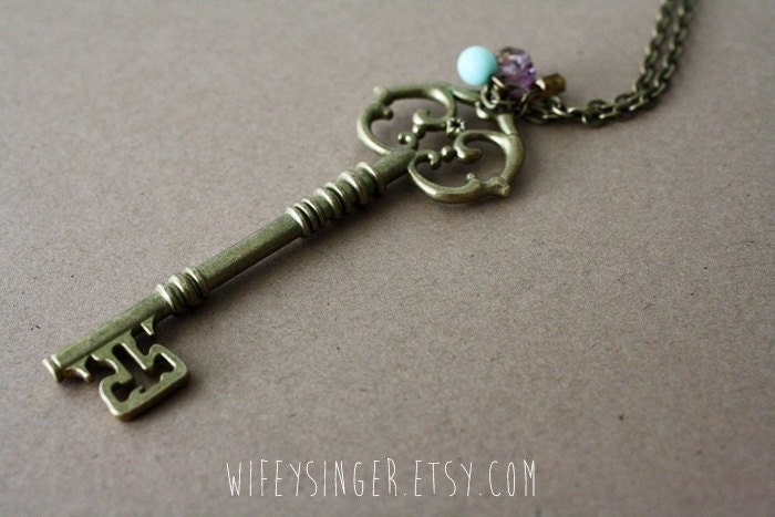 fancy key with mint, olivine and rosebud czech glass long 30" necklace