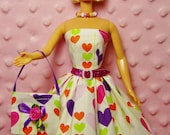 Barbie Clothes - Multi-Colored Hearts Dress, Purse, Necklace, Belt and High Heel Shoes