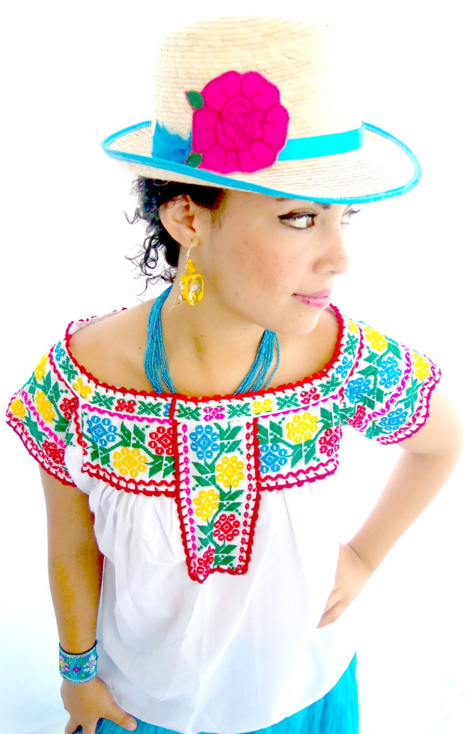 Flor de Arcoiris Vintage 60s Blue Mexican Embroidered Bohemian cotton Blouse Mexican vintage floral mexican, Bohemian Boho Hippie