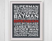 Superhero Print, Personalized Famous Comic characters, Geek Print, Sci fi Fantasy Modern Typography, 8x10, Teen Gift, Male Boy Guy gift