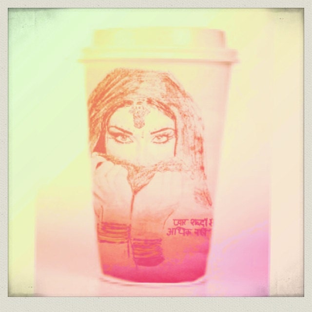 Ceramic Travel Mug White Hindi Girl Red Art