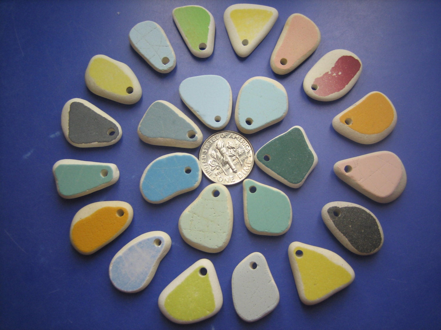 23 REAL BEACH SEAGLASS Top Drilled Pottery Ceramic Shards Red Teal Blue Yellow Orange Pink Green Surf Tumbled Sea Glass Jewelry Supply Tp89
