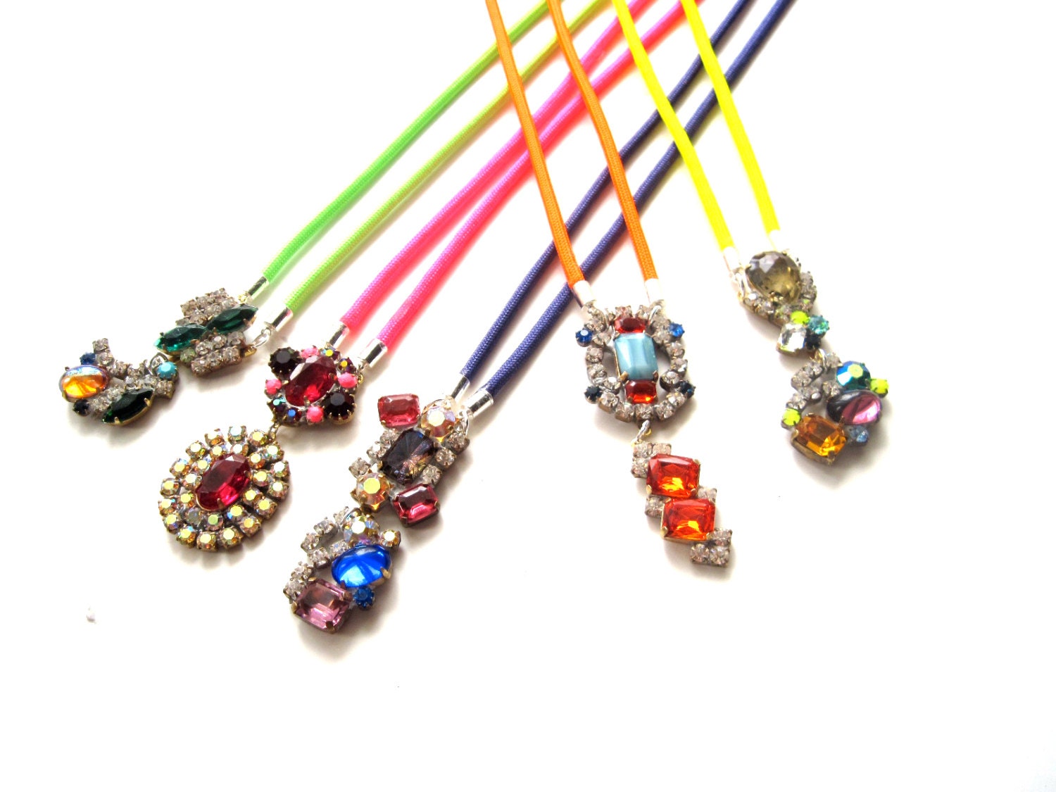 ORANGE - Neon statement necklace - painted rhinestone necklace, neon pendant necklace,