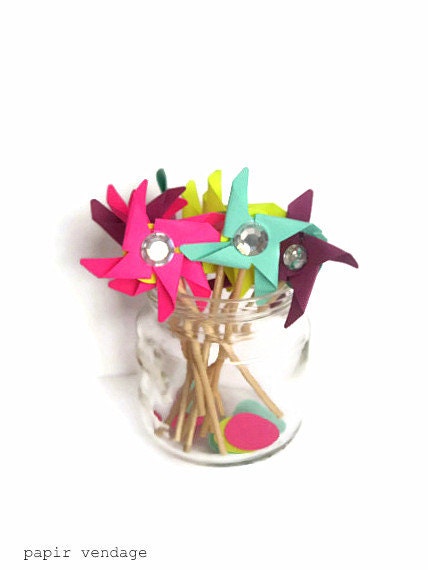 Pinwheel Cupcake Toppers,  Mixed Color Assortment, Summer Colors, Set of 12, Mint, Citron, Purple, Fushia Pinwheels