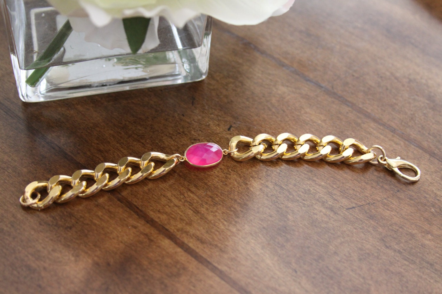 Hot Pink Chalcedony Curb Chain Bracelet