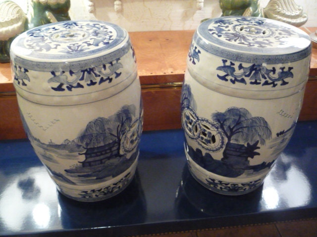Vintage Pair Garden Seats Chinese Asian Stools Stands Plant Display Blue & White Benches Tables Hollywood Regency Mid Century Modern Pagoda