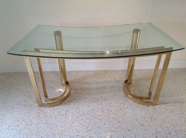 Vintage Hollywood Regency Brass Glass Desk Console Table Mid Century Modern