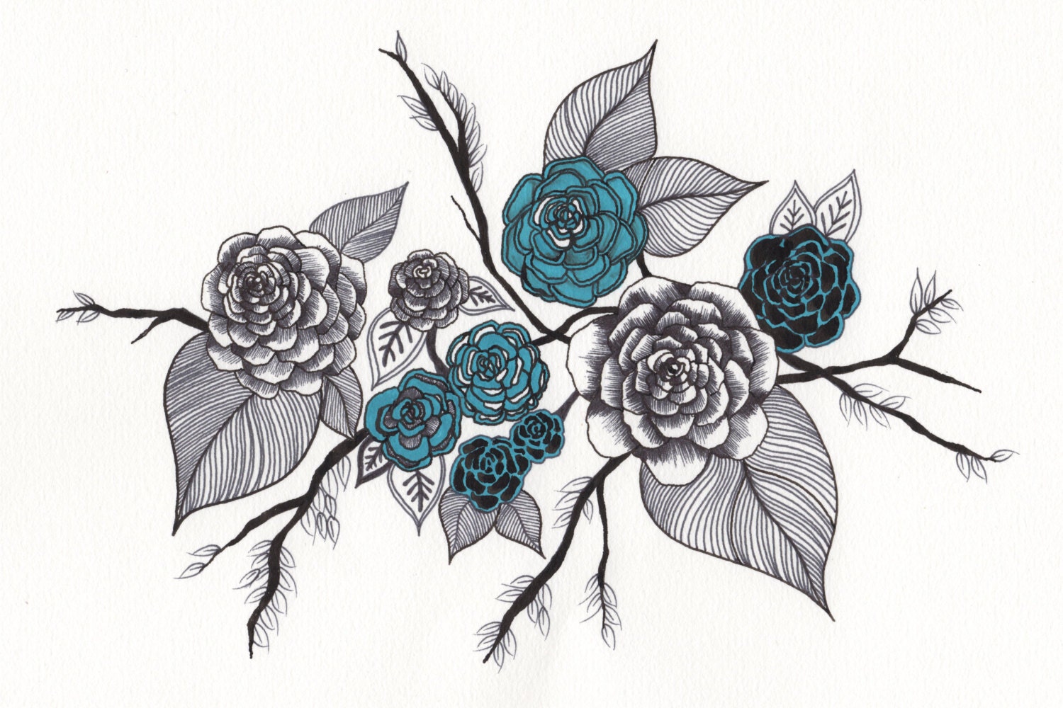 Blue Roses Art Drawing 8x10" Print Unframed