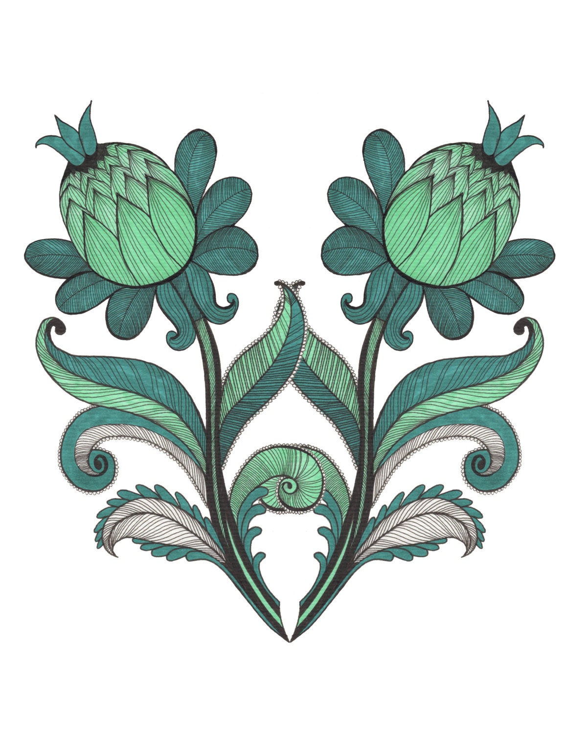 Teal & Mint Floral Design Art Drawing 8x10" Print Unframed