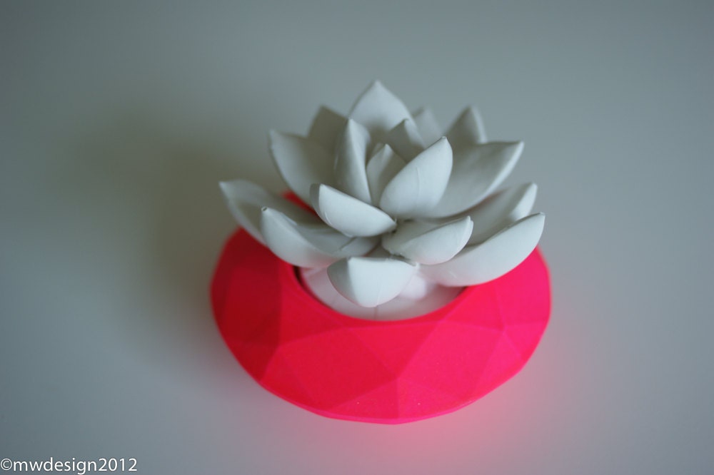 White Succulent Sculpture, Modern Faceted Geometric Container, Desktop, Tabletop Centerpiece