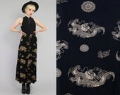 Vtg 90s Black Novelty Dragons Print Goth High Waist Maxi Skirt S-M
