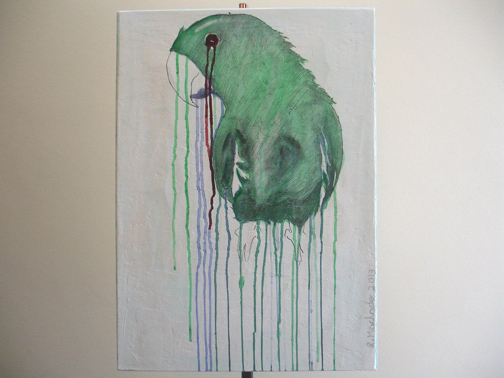 Original parrot art sale, green parrot painting, Modern art on canvas by Ricardo Machado (27.56 x 19.7 inches)