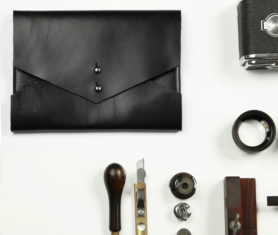 Handbag Italian Oil Leather Purse Case Cosmetic Bag Handmade Genuine Leather Bag Copper Buckle-Black Color