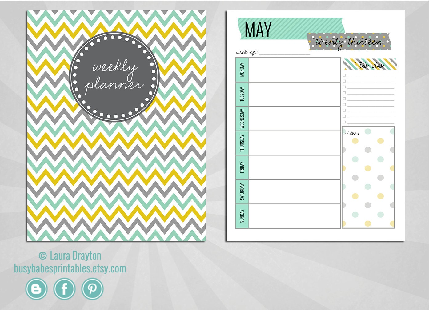 2013-2014 Weekly Planner - aqua, gold, and gray - personalized cover option - INSTANT DOWNLOAD