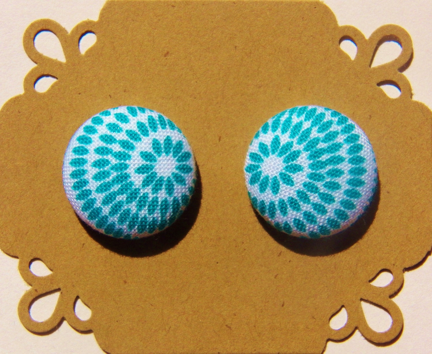 Teal and White Flower - Fabric Button Post Earrings - Button Earrings - Hypoallergenic Post