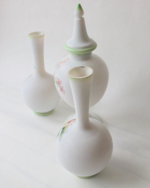 set of three white 1920 milk glass hand painted vases with a art nouveau style- floral design- Shabby Chic- hand painted