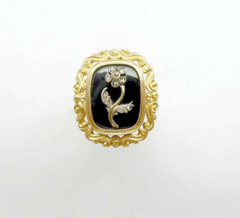 Intricate Antique Victorian Onyx and Diamond Mourning Memento Mori Locket Ring 15ct