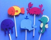 12 under the sea theme cupcake toppers, crab, seahorse, jellyfish, whale, goldfish, kids party, baby shower