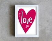 I love you print art, i love u poster, heart print, love print, wall art, pink, purple, red