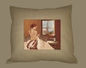 Vintage Woman in Paris Illustration on Natural BURLAP pillow slip 16x16 Handmade