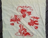 Vintage 40's kitchen tea towel yellow cotton w/red screen print Southwest scene housewares textile