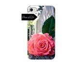 iphone case, floral photography, pink peach rose, wood fence, green yellow trees, california, summer