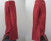 70s Sedgefield Corduroy Bell Bottom Pants, Made in USA, W34 L34 // Vintage Burgundy Trousers