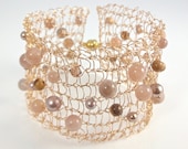 Knitted Wire Bracelet 'Moroccan Desert' - Gold Wire with Peach, Bronze and Sand Colours, Semi Precious Stones, Swarovski Crystals and Pearls