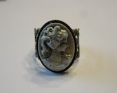 Vintage style antique style dark gold tone LADY CAMEO Flower ring adjustable filigree ornate